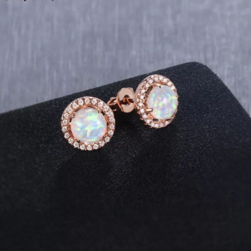 Rose Gold Round White Opal Halo Stud Earrings - Picture 4 of 6